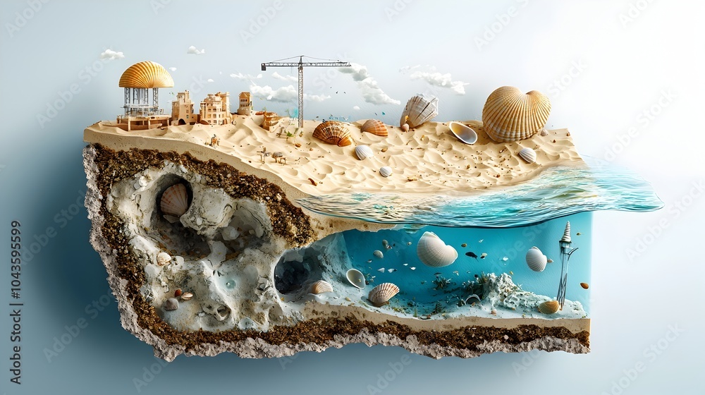 Poster A visually captivating cross section of a tranquil beach showcasing the intricate layers of sand the presence of seashells