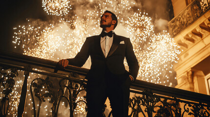 Elegant man in tuxedo standing on a balcony and looking at fireworks exploding in the night sky