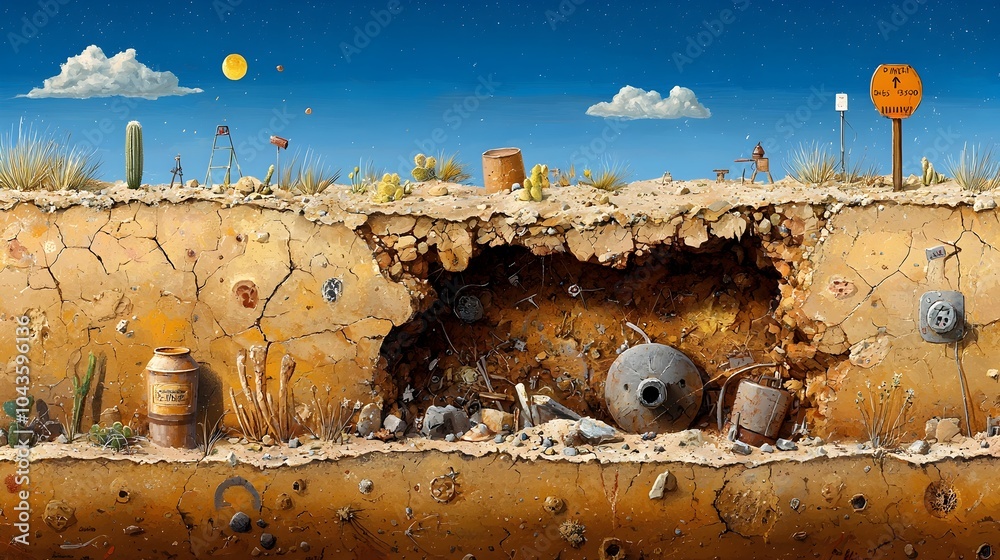 Poster captivating cross section of a desert landscape showcasing shifting sand dunes and fossilized remnan