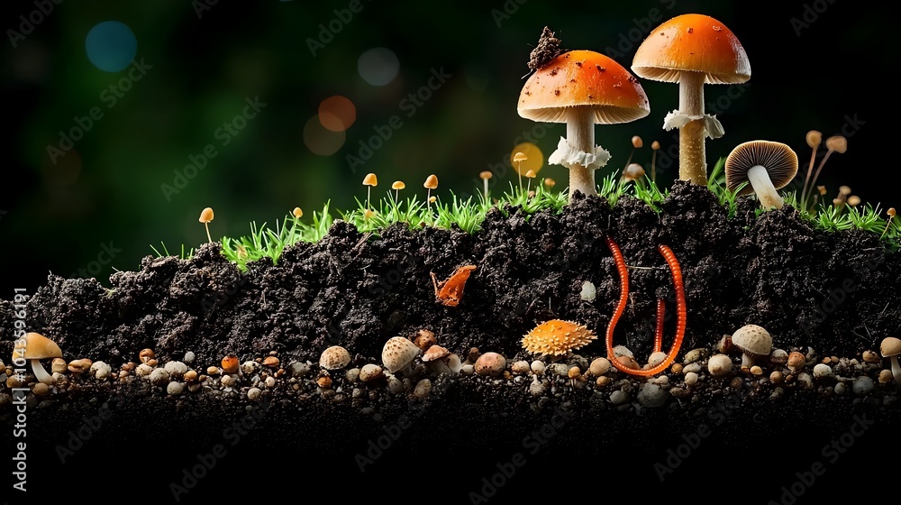 Aufkleber Captivating cross section of a forest floor showcasing the intricate layers of mushrooms soil and burrowing worms that form the vibrant underground ecosystem