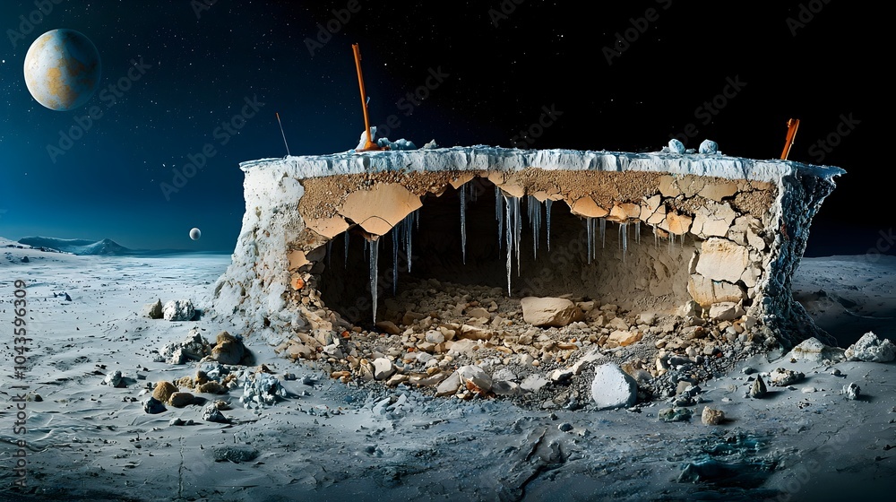 Poster captivating cross section of a glacier revealing intricate ice layers frozen bubbles and ancient sed