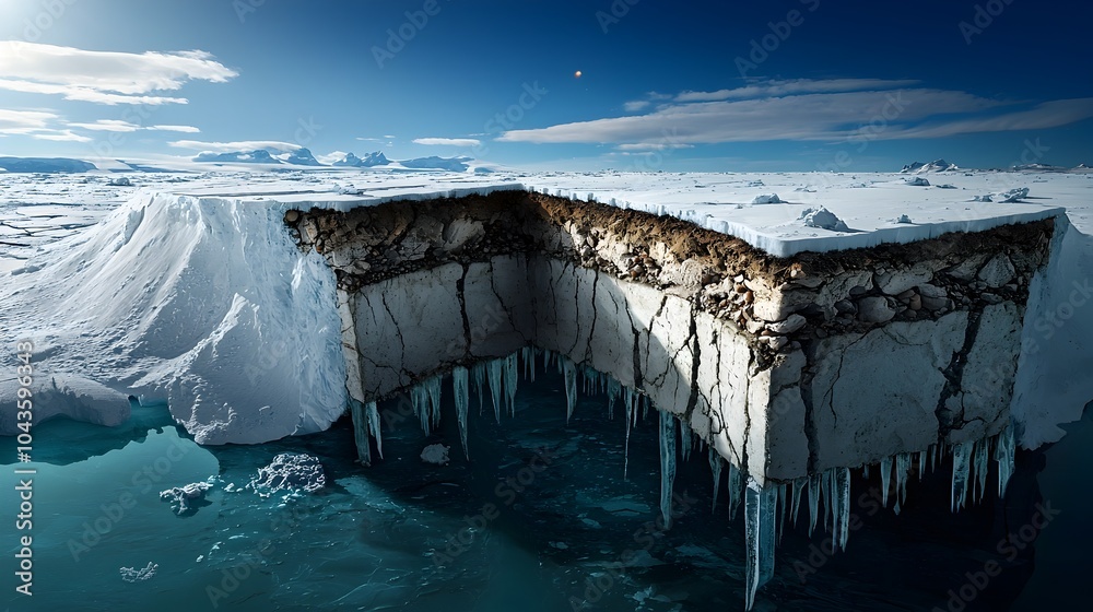 Poster Captivating cross section of a glacier showcasing the intricate layers of ice frozen air bubbles and ancient sediments embedded within its frozen structure