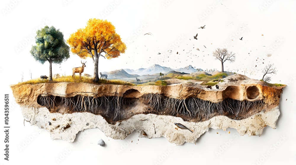 Aufkleber Captivating Cross Section of a Lush Forest Landscape Revealing Subterranean Wonders Explore the Intricate World of Tree Roots Wildlife Burrows and Soil Layers Beneath the Surface