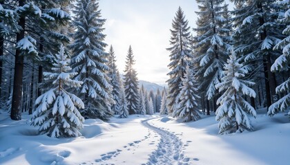 Fototapeta premium Serene Winter Landscape with Snow-Covered Pine Trees and Frozen River [with copy space]