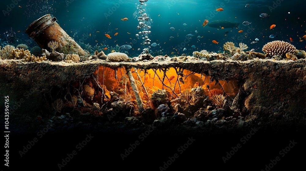 Poster captivating cross section of a thriving coral reef revealing the intricate layers of marine life alg