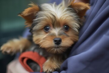 A veterinarian holding a yorkshire terrier puppy