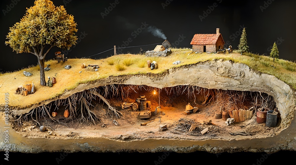Poster captivating cross section of an intricate forest landscape revealing the hidden wonders of tree root