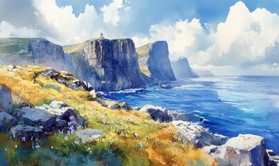 Fototapeta premium Watercolor Akraberg Lighthouse, Suduroy Island, Faroe Islands, Denmark. Panoramic view of the rocks, field and the ocean. Lighthouse on top of the mountain