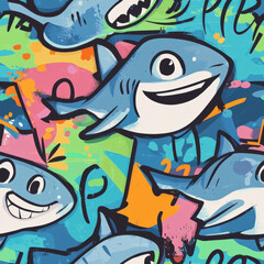Naklejka premium A colorful pattern featuring cute cartoon sharks with big smiles against a vibrant
