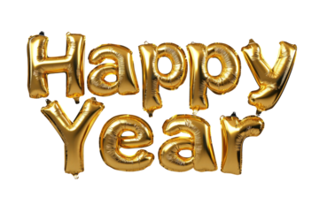 Happy New Year in shiny, floating metallic gold letters casting soft white background.