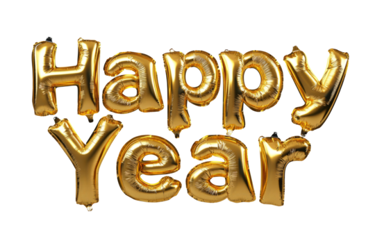 Happy New Year in shiny, floating metallic gold letters casting soft white background.