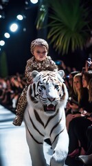Obraz premium Toddler wearing leopard print outfit riding white tiger on catwalk during fashion show