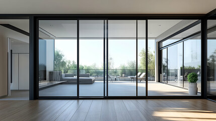 Fototapeta premium Modern Glass Sliding Door with Sleek Metal Frame in Contemporary Interior Setting