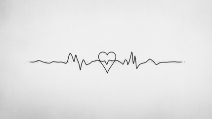 Minimalist black line tattoo of a heartbeat with a small heart, flowing on a white background.