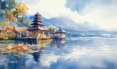 Obraz premium Watercolor Bali holiday tourism, Ulun Danu Bratan Water Temple Bali, Bali, Indonesia