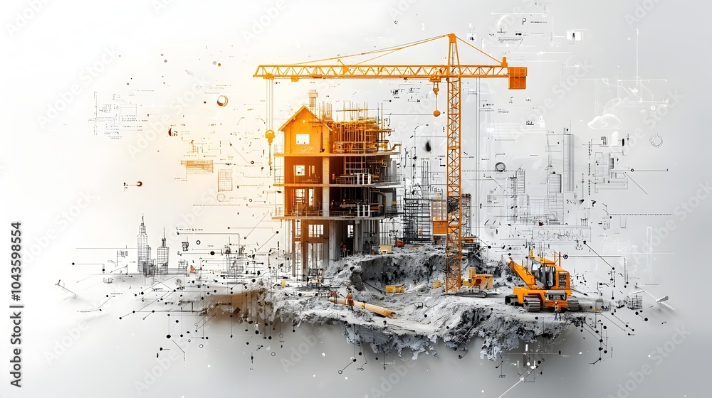 Poster Comprehensive 3D cutthrough rendering showcasing the complex inner workings and structural components of an active construction site including building foundations towering cranes