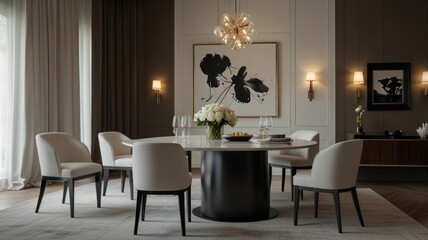 Fototapeta premium A modern dining room with a round table, white chairs, and a large black and white art piece hanging on the wall.