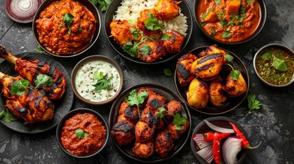 Delicious Indian feast featuring chicken tikka masala, tandoori chicken, and assorted appetizers on dark concrete background