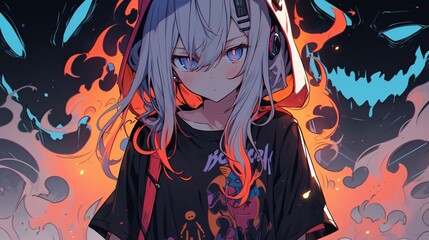 Anime girl with scary eyes, colorful anime style