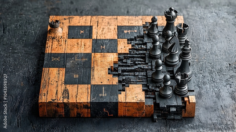 Aufkleber Conceptual cross section view showcasing a chessboard with strategically positioned game pieces on a 3D surface beneath the board