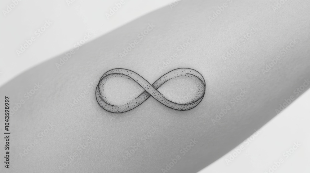 Wall mural minimalist black line tattoo of an infinity symbol, sleek and detailed on a bright white background.