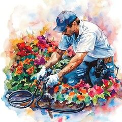 Watercolor Illustration of a Gardener Working in a Flower Garden.