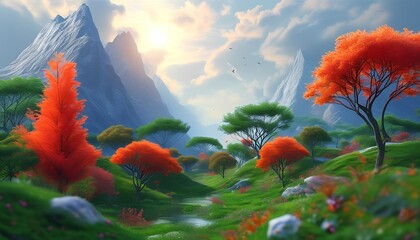 Obraz premium Vibrant Natural Fantasy Landscape with Colorful Trees and Mountains