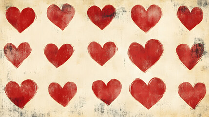 Fototapeta premium Hand-Drawn Red Hearts Pattern on Textured Beige Background for Romantic and Creative Designs