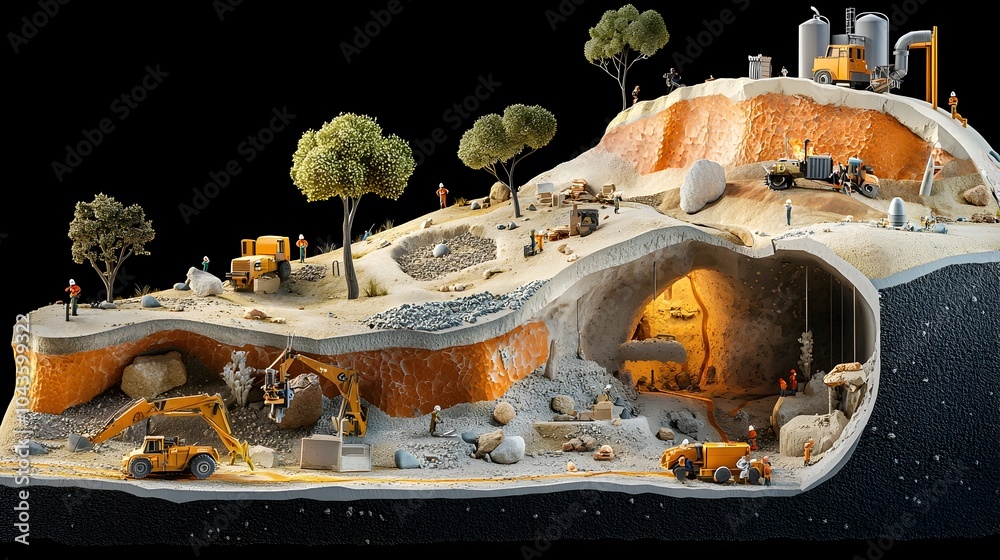 Poster cross section of a majestic mountain range revealing the intricate layers of rock strata minerals an