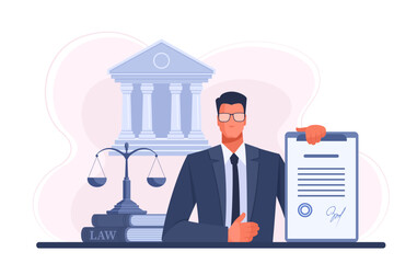 Male lawyer in suit holding contract, scales and courthouse nearby. Legal services concept for business, deal conclusion, contract. Lawyer, attorney services. Vector illustration in blue.