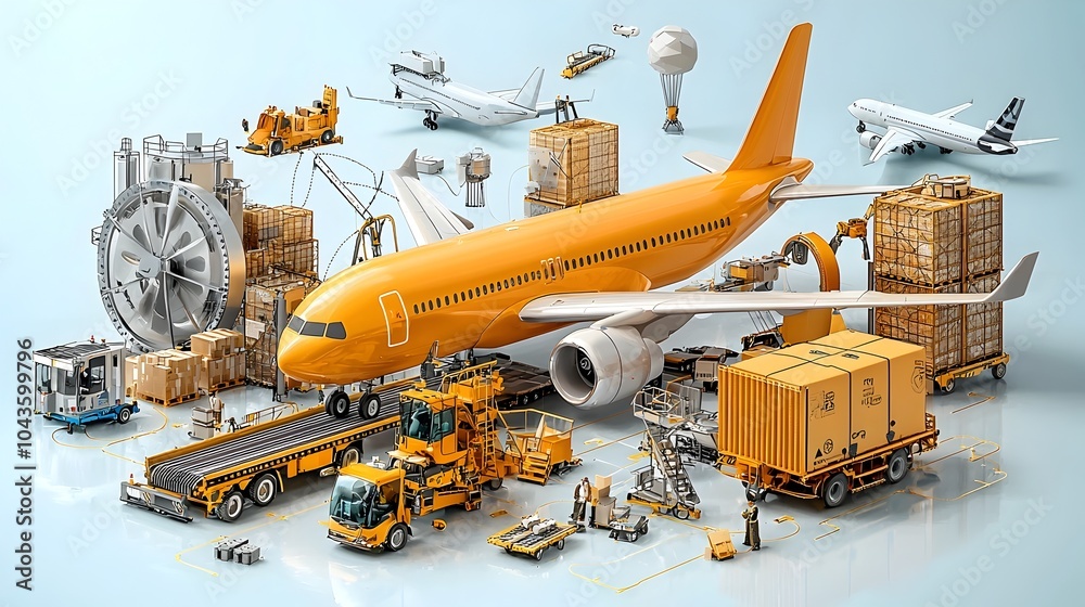 Poster cross section view of an automated and well organized cargo terminal at a major international airpor