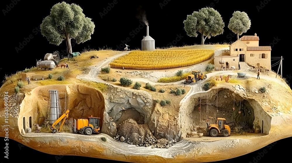Poster cross sectional view of a farmland landscape highlighting the intricate relationship between crops i