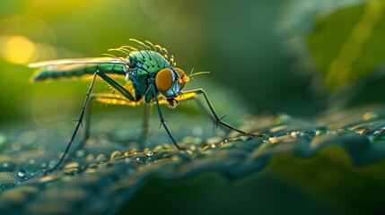 Fototapeta premium A close-up of a Rainbow fly sitting on a lush green leaf, AI Generative.