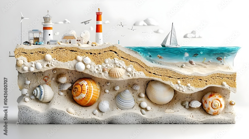 Aufkleber Detailed 3D cross section of a beach showcasing the intricate layers of sand embedded seashells and the underground network of water channels that make up the coastal ecosystem