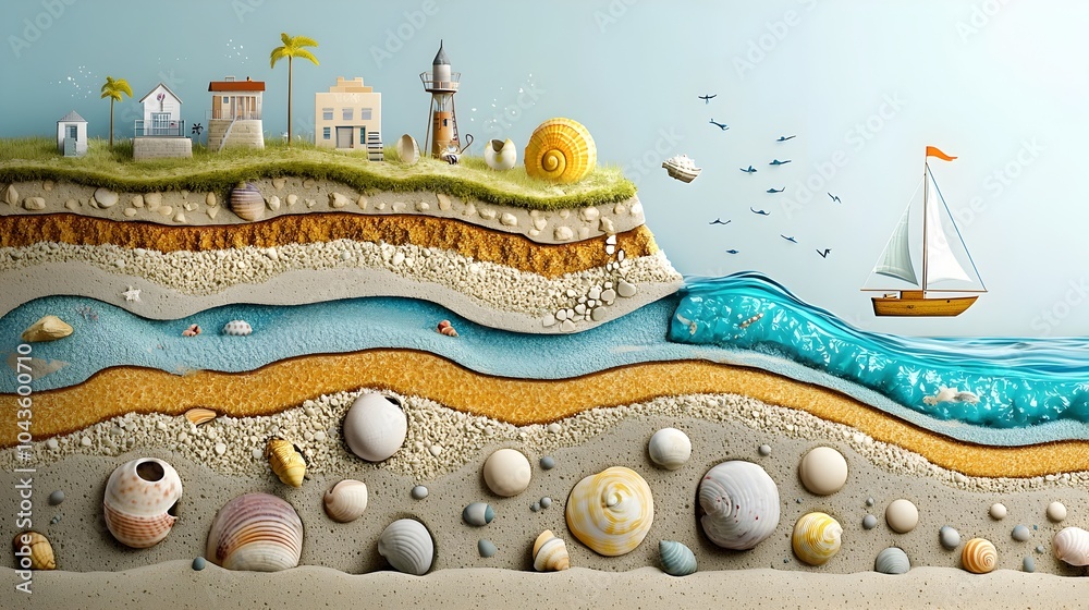 Poster detailed 3d cross section of a beachfront environment showcasing the layers of sand seashells and th