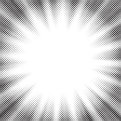 Halftone gradient sun rays pattern. abstract halftone vector dots background. monochrome dots pattern. pop art, comic small dots. star rays halftone poster. shine, explosion. sunrise rays background.