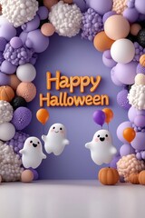 Fototapeta premium Festive Halloween display featuring playful ghosts with balloons among colorful decorations