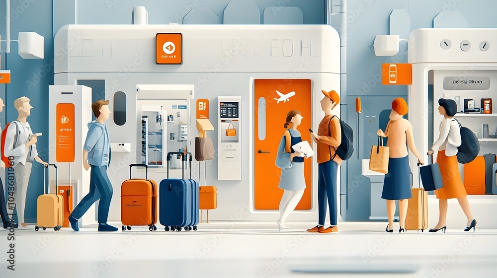 Poster Detailed 3D cross section view of a modern airport terminal showcasing the bustling activity and amenities for travelers including check in counters security checkpoints shopping areas