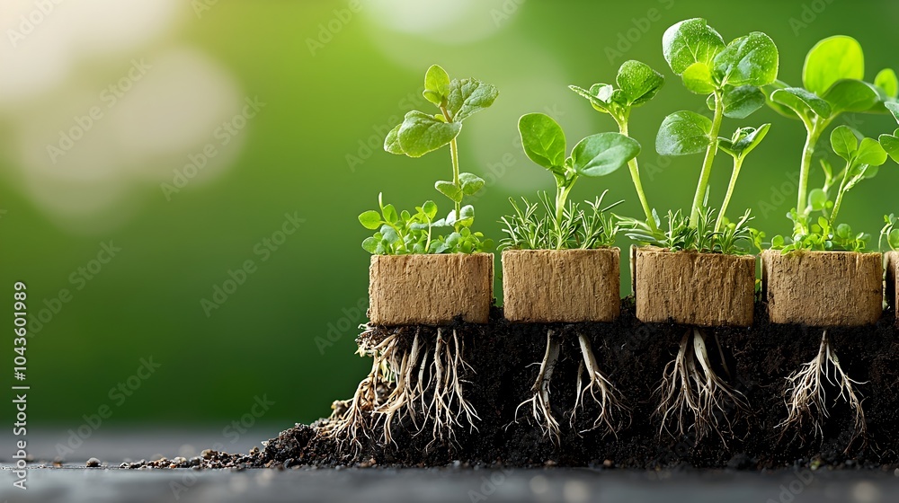 Poster Detailed 3D cross section view of a thriving herb garden showcasing the intricate root systems spreading through individual planters and the lush harvestable herbs ready for culinary use