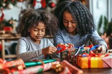 Fototapeta premium Mother and daughter wrapping Christmas presents at home, the little girl is tying a ribbon on a gift box