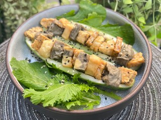 Grilled sesame mixed soy tofu salad with cucumber