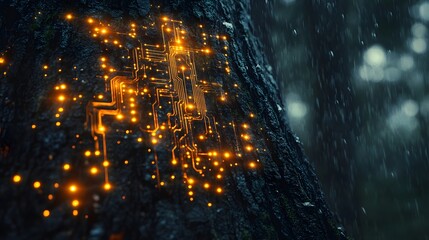 Naklejka premium Glowing Circuitry on Tree Bark in Raining Forest