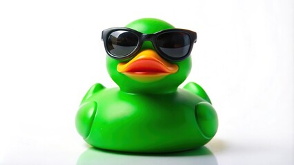 Rubber green toy of symmetrical duck wearing sunglasses on white background
