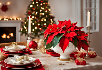Winter christmas concept, poinsettia flower, candles lights
