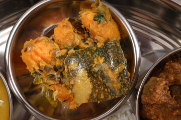 Bengali style sweet green pumpkin curry  side dish in small metal stainless steel bowl
