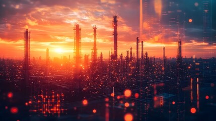 Industrial Skyline at Sunset with Glowing Lights and Digital Effects