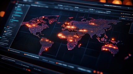 Obraz premium Illuminated global map showcasing data points during nighttime analysis in a tech hub