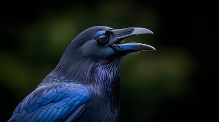 Fototapeta premium Feathered Alchemy: A crow with metallic-blue highlights, its beak open in a silent caw. The dark background sets off its iridescence. 