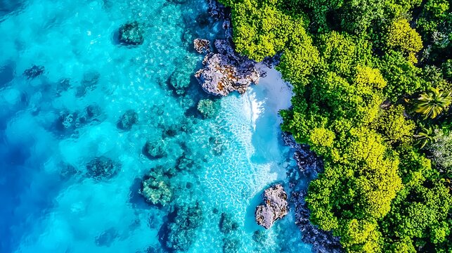 Aerial View of Vibrant Coral and Lush Tropical Paradise