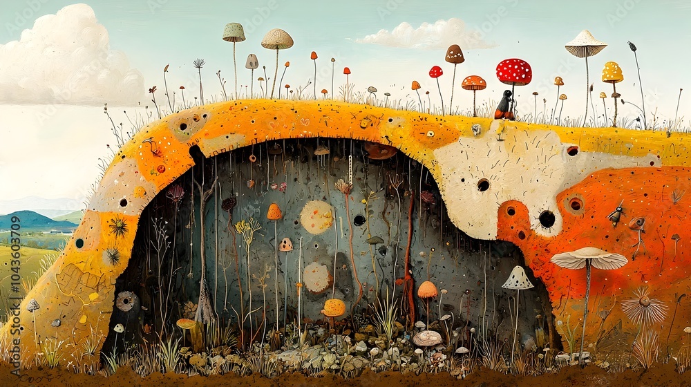 Aufkleber Detailed Cross Section of a Grassy Hill Showcasing the Complex Subterranean World of Mole Tunnels Wildflower Roots and Interconnected Fungal Networks